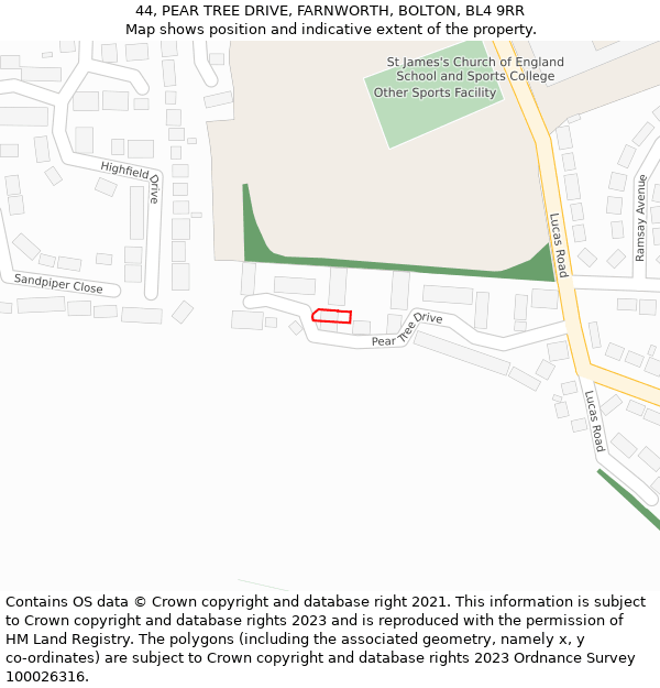 44, PEAR TREE DRIVE, FARNWORTH, BOLTON, BL4 9RR: Location map and indicative extent of plot