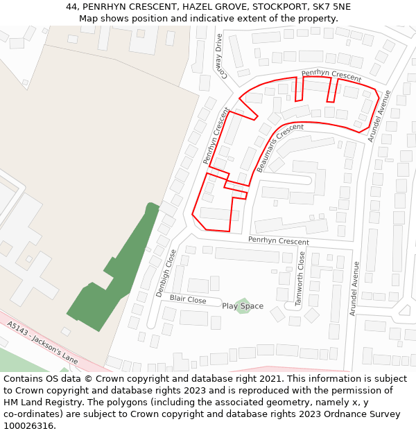 44, PENRHYN CRESCENT, HAZEL GROVE, STOCKPORT, SK7 5NE: Location map and indicative extent of plot