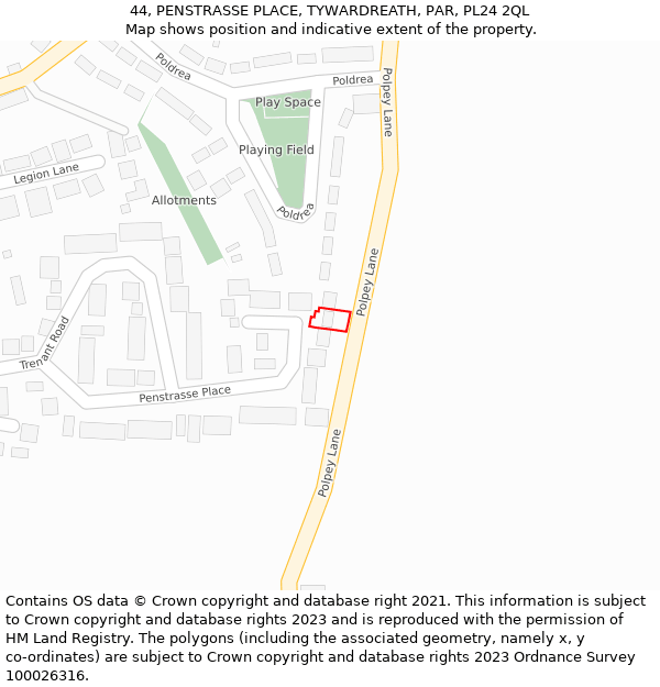 44, PENSTRASSE PLACE, TYWARDREATH, PAR, PL24 2QL: Location map and indicative extent of plot