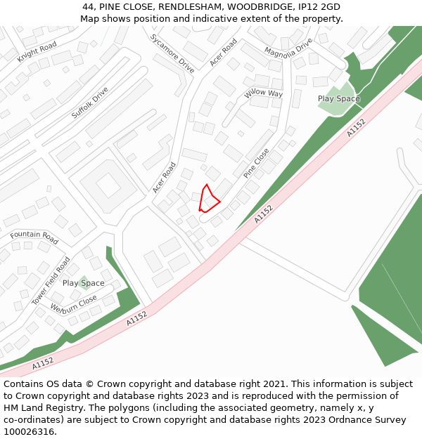 44, PINE CLOSE, RENDLESHAM, WOODBRIDGE, IP12 2GD: Location map and indicative extent of plot