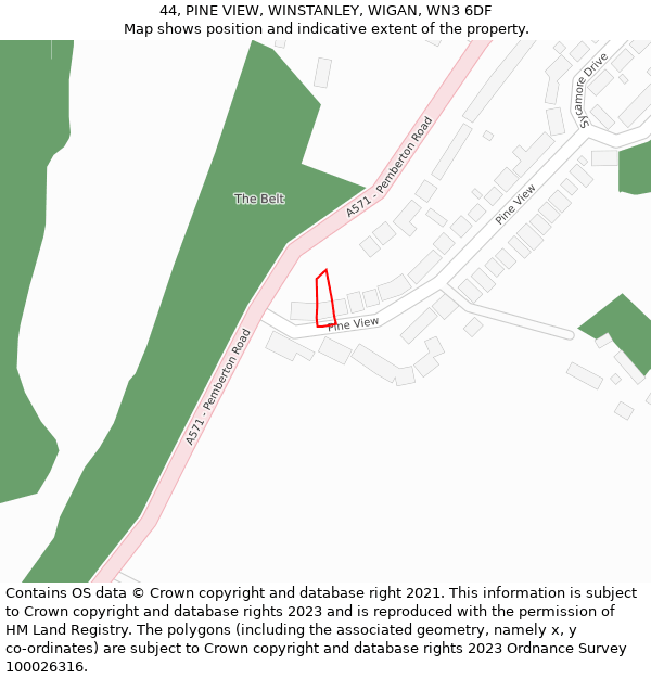 44, PINE VIEW, WINSTANLEY, WIGAN, WN3 6DF: Location map and indicative extent of plot