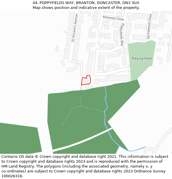 44, POPPYFIELDS WAY, BRANTON, DONCASTER, DN3 3UA: Location map and indicative extent of plot