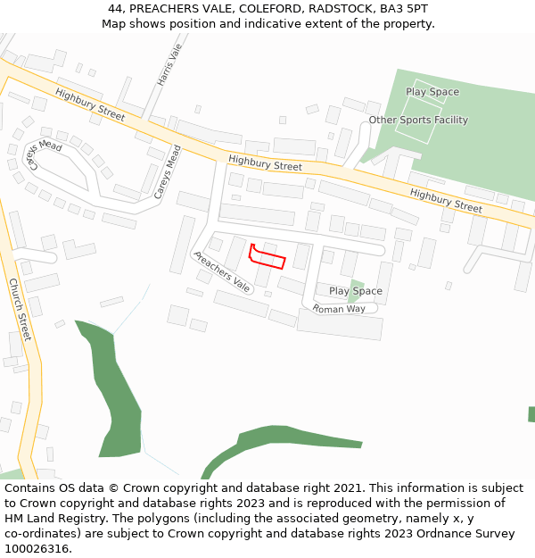 44, PREACHERS VALE, COLEFORD, RADSTOCK, BA3 5PT: Location map and indicative extent of plot