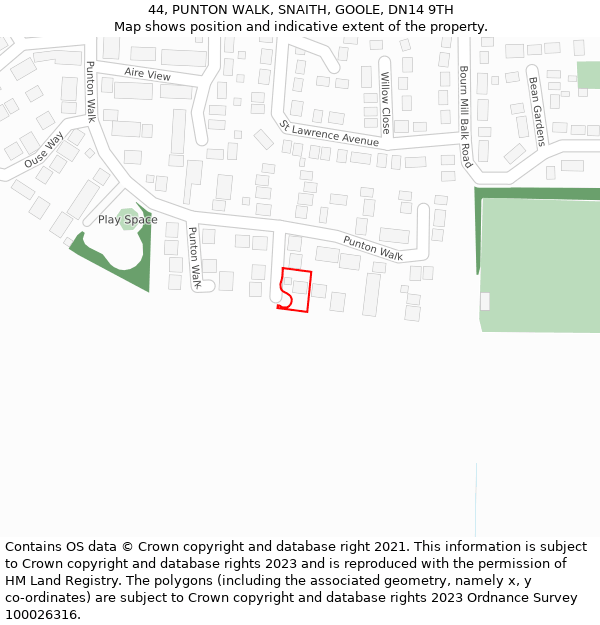 44, PUNTON WALK, SNAITH, GOOLE, DN14 9TH: Location map and indicative extent of plot