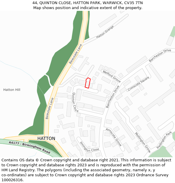 44, QUINTON CLOSE, HATTON PARK, WARWICK, CV35 7TN: Location map and indicative extent of plot