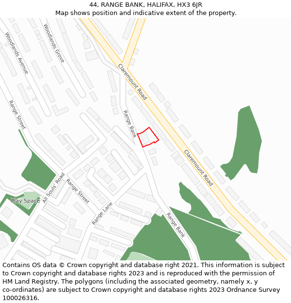 44, RANGE BANK, HALIFAX, HX3 6JR: Location map and indicative extent of plot