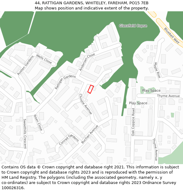 44, RATTIGAN GARDENS, WHITELEY, FAREHAM, PO15 7EB: Location map and indicative extent of plot