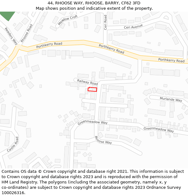 44, RHOOSE WAY, RHOOSE, BARRY, CF62 3FD: Location map and indicative extent of plot