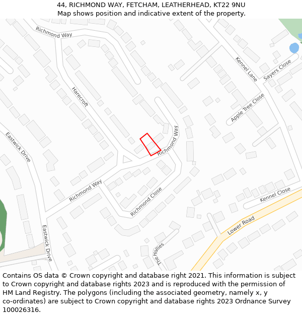 44, RICHMOND WAY, FETCHAM, LEATHERHEAD, KT22 9NU: Location map and indicative extent of plot