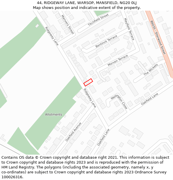 44, RIDGEWAY LANE, WARSOP, MANSFIELD, NG20 0LJ: Location map and indicative extent of plot