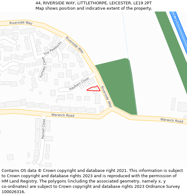 44, RIVERSIDE WAY, LITTLETHORPE, LEICESTER, LE19 2PT: Location map and indicative extent of plot