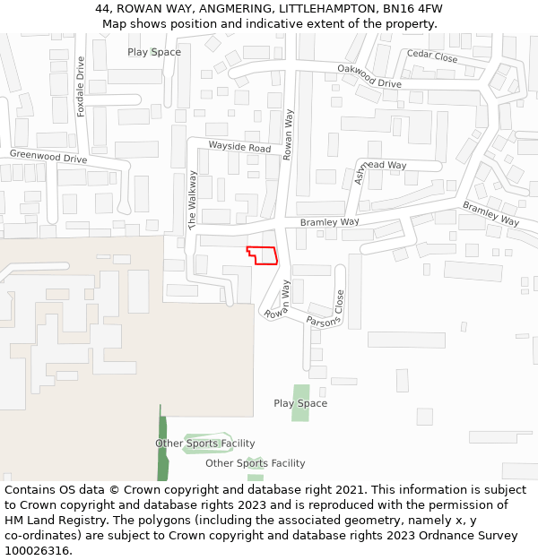 44, ROWAN WAY, ANGMERING, LITTLEHAMPTON, BN16 4FW: Location map and indicative extent of plot