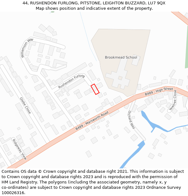 44, RUSHENDON FURLONG, PITSTONE, LEIGHTON BUZZARD, LU7 9QX: Location map and indicative extent of plot