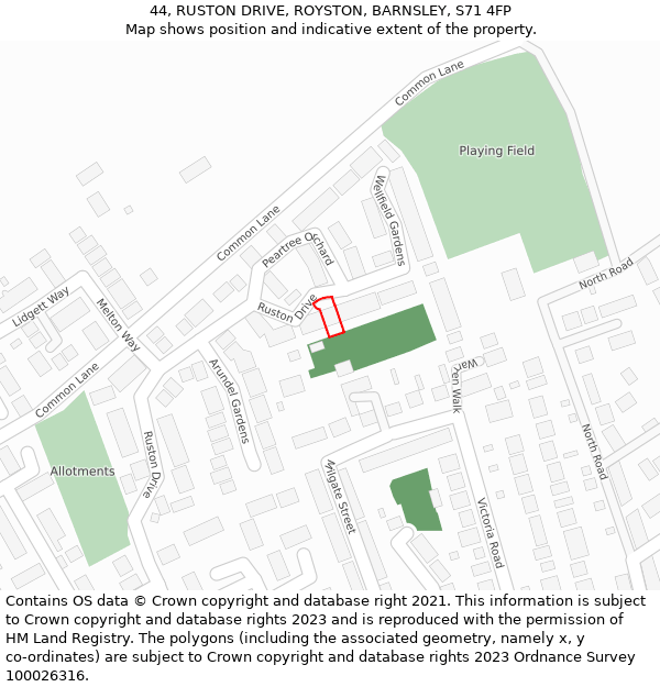 44, RUSTON DRIVE, ROYSTON, BARNSLEY, S71 4FP: Location map and indicative extent of plot