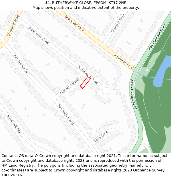 44, RUTHERWYKE CLOSE, EPSOM, KT17 2NB: Location map and indicative extent of plot