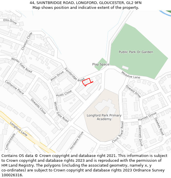 44, SAINTBRIDGE ROAD, LONGFORD, GLOUCESTER, GL2 9FN: Location map and indicative extent of plot