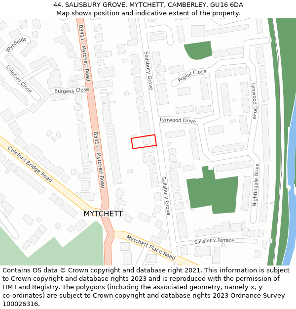 44, SALISBURY GROVE, MYTCHETT, CAMBERLEY, GU16 6DA: Location map and indicative extent of plot