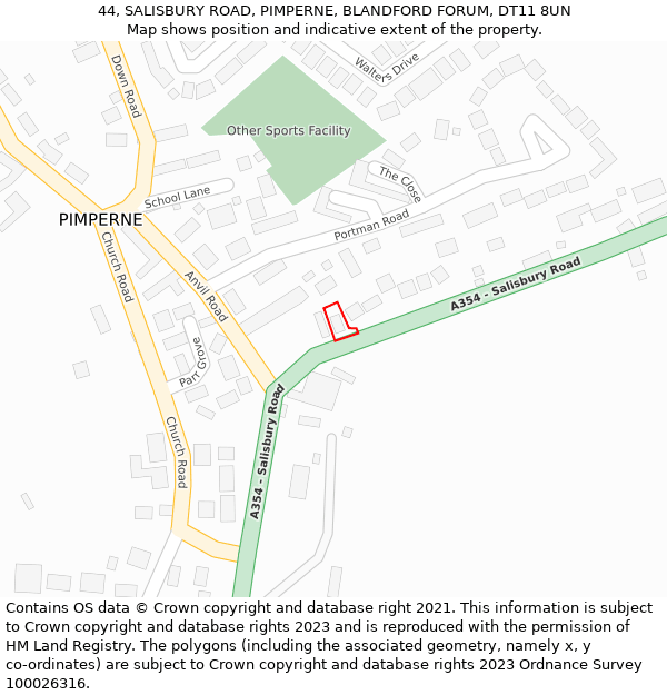 44, SALISBURY ROAD, PIMPERNE, BLANDFORD FORUM, DT11 8UN: Location map and indicative extent of plot