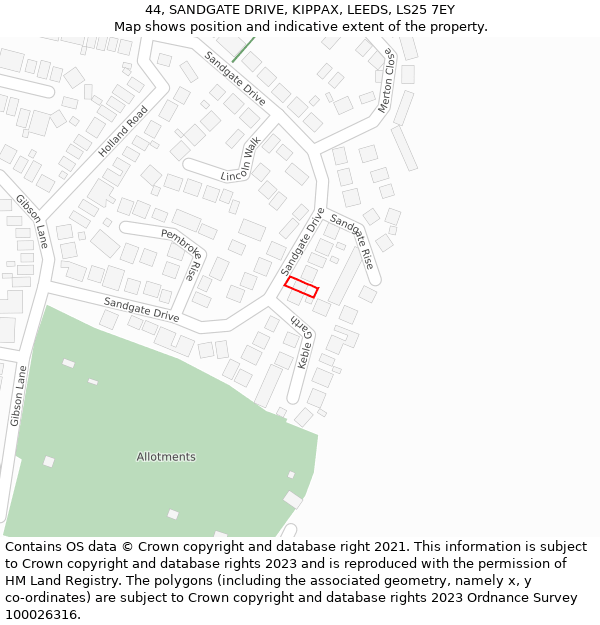 44, SANDGATE DRIVE, KIPPAX, LEEDS, LS25 7EY: Location map and indicative extent of plot