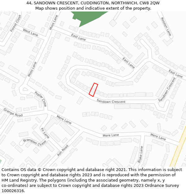 44, SANDOWN CRESCENT, CUDDINGTON, NORTHWICH, CW8 2QW: Location map and indicative extent of plot