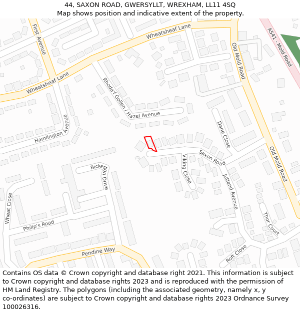 44, SAXON ROAD, GWERSYLLT, WREXHAM, LL11 4SQ: Location map and indicative extent of plot