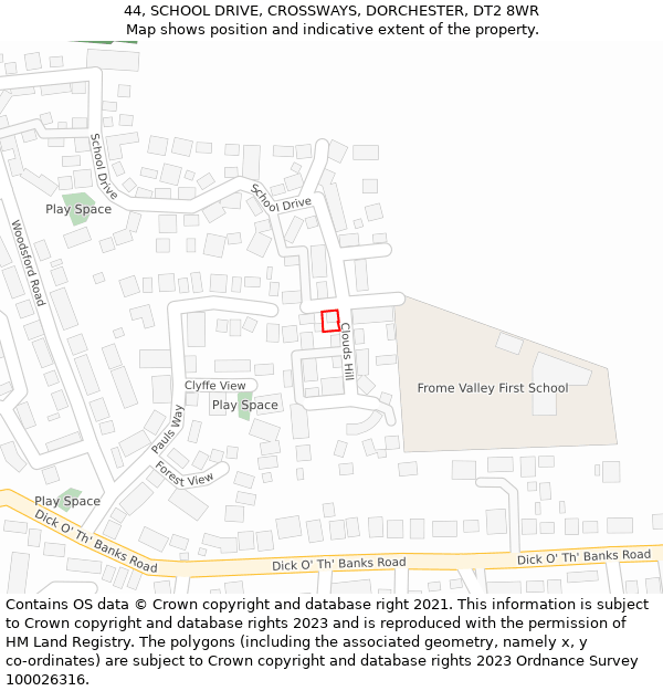 44, SCHOOL DRIVE, CROSSWAYS, DORCHESTER, DT2 8WR: Location map and indicative extent of plot