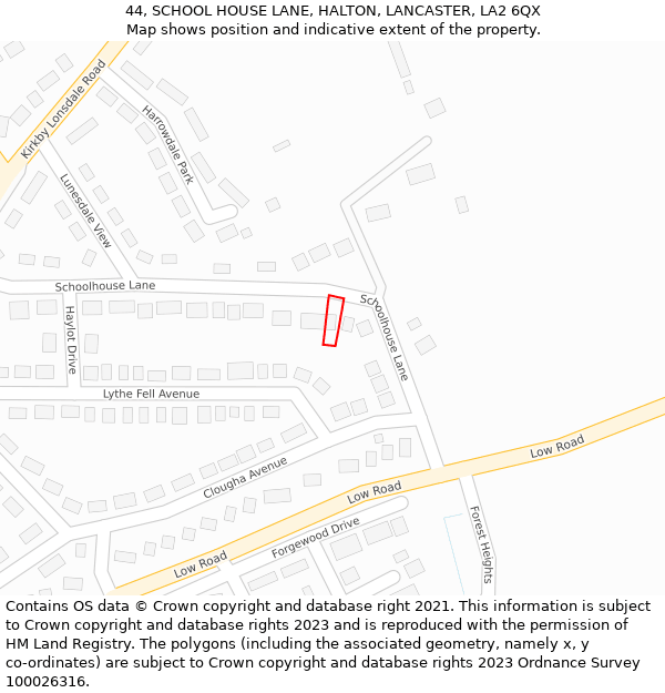 44, SCHOOL HOUSE LANE, HALTON, LANCASTER, LA2 6QX: Location map and indicative extent of plot