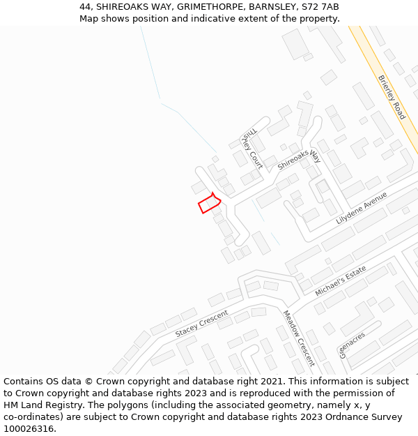 44, SHIREOAKS WAY, GRIMETHORPE, BARNSLEY, S72 7AB: Location map and indicative extent of plot