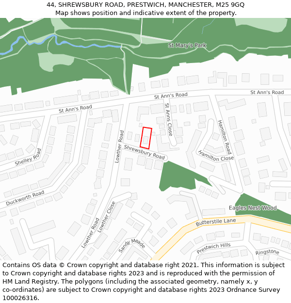 44, SHREWSBURY ROAD, PRESTWICH, MANCHESTER, M25 9GQ: Location map and indicative extent of plot