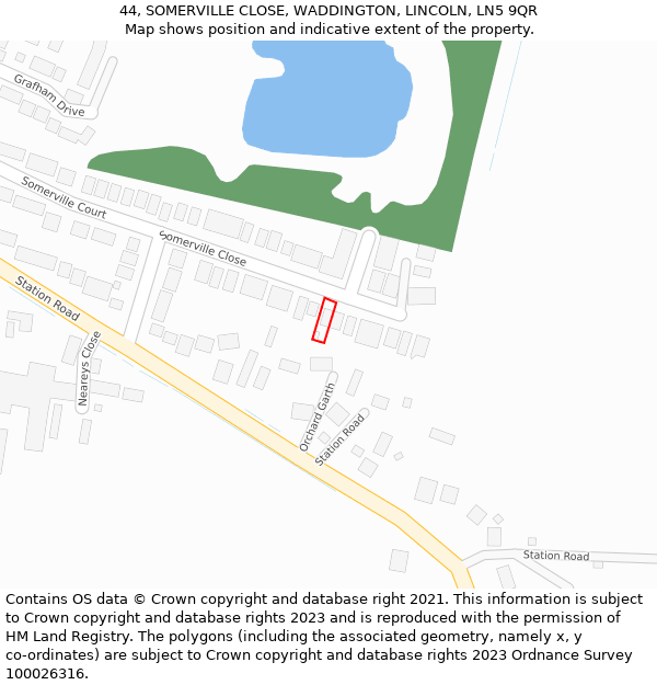 44, SOMERVILLE CLOSE, WADDINGTON, LINCOLN, LN5 9QR: Location map and indicative extent of plot