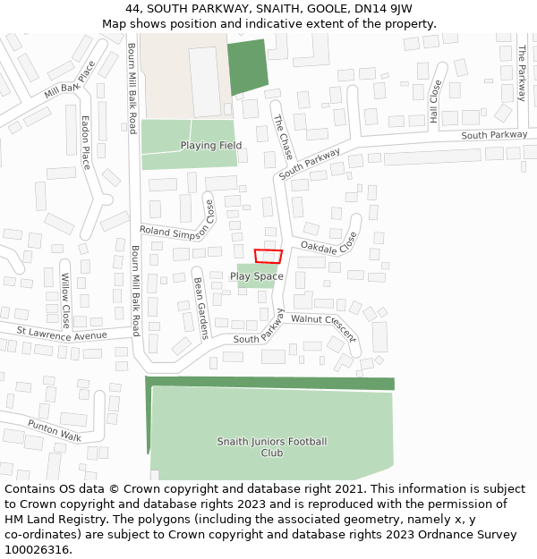 44, SOUTH PARKWAY, SNAITH, GOOLE, DN14 9JW: Location map and indicative extent of plot