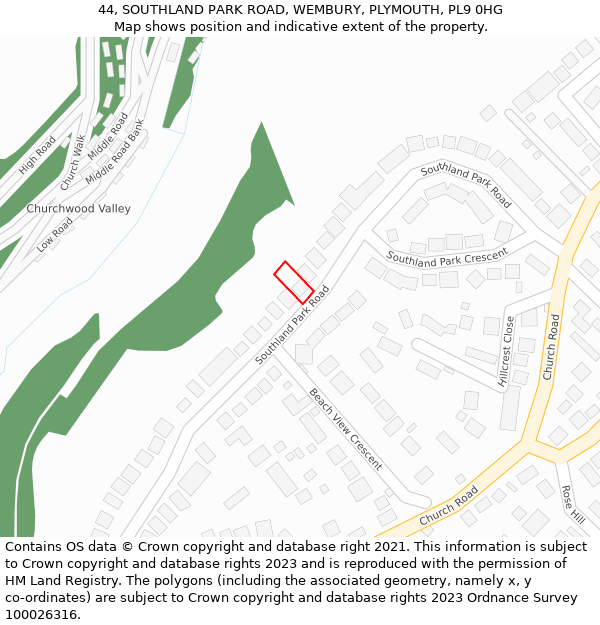 44, SOUTHLAND PARK ROAD, WEMBURY, PLYMOUTH, PL9 0HG: Location map and indicative extent of plot