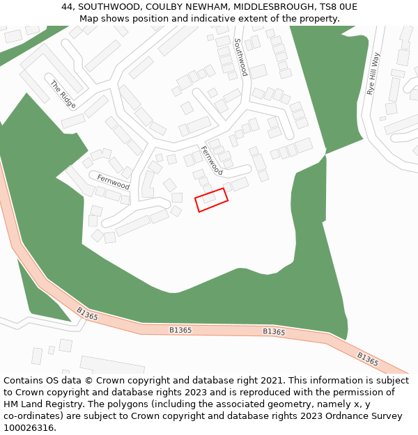 44, SOUTHWOOD, COULBY NEWHAM, MIDDLESBROUGH, TS8 0UE: Location map and indicative extent of plot