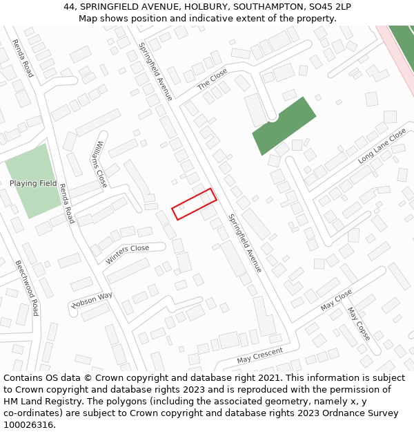 44, SPRINGFIELD AVENUE, HOLBURY, SOUTHAMPTON, SO45 2LP: Location map and indicative extent of plot