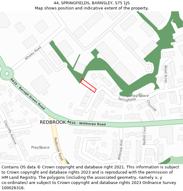 44, SPRINGFIELDS, BARNSLEY, S75 1JS: Location map and indicative extent of plot