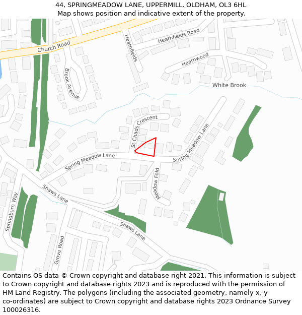 44, SPRINGMEADOW LANE, UPPERMILL, OLDHAM, OL3 6HL: Location map and indicative extent of plot