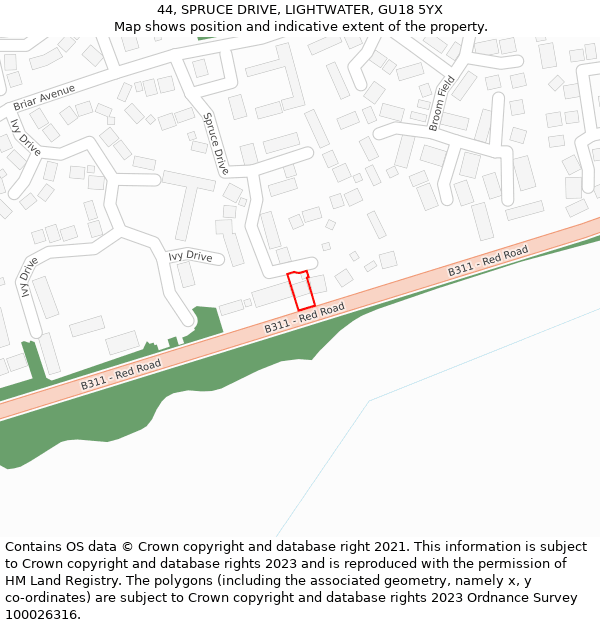 44, SPRUCE DRIVE, LIGHTWATER, GU18 5YX: Location map and indicative extent of plot