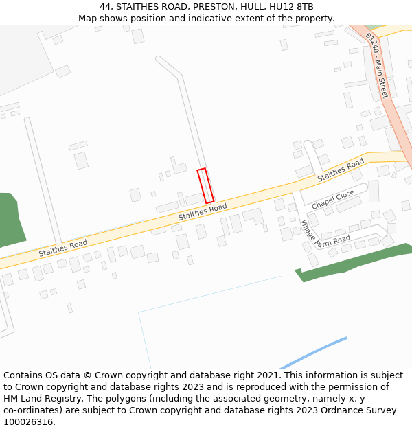 44, STAITHES ROAD, PRESTON, HULL, HU12 8TB: Location map and indicative extent of plot