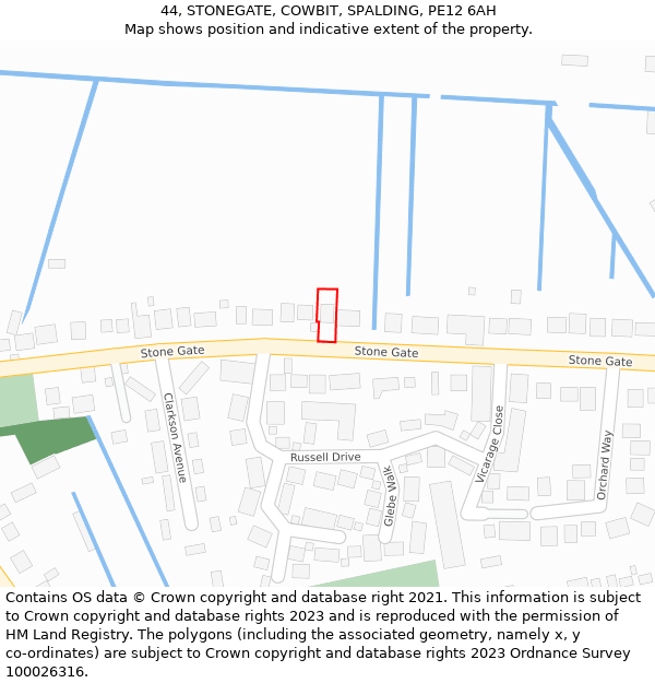 44, STONEGATE, COWBIT, SPALDING, PE12 6AH: Location map and indicative extent of plot