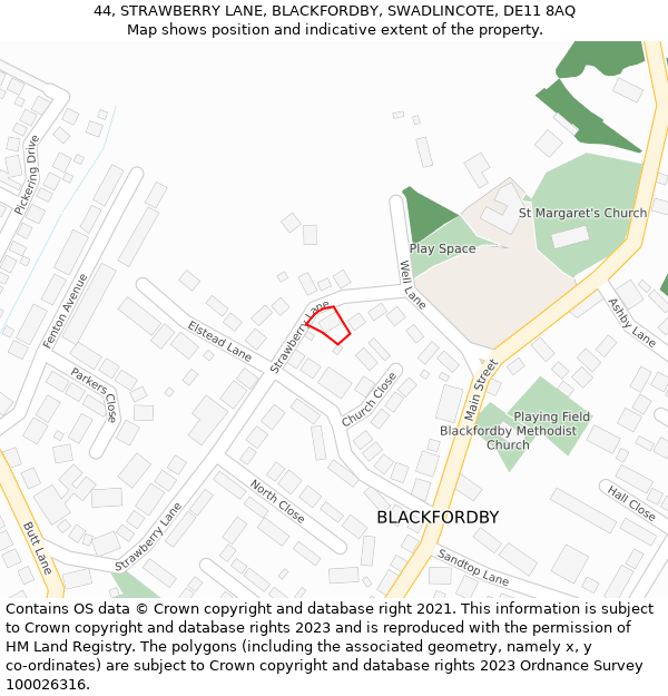 44, STRAWBERRY LANE, BLACKFORDBY, SWADLINCOTE, DE11 8AQ: Location map and indicative extent of plot