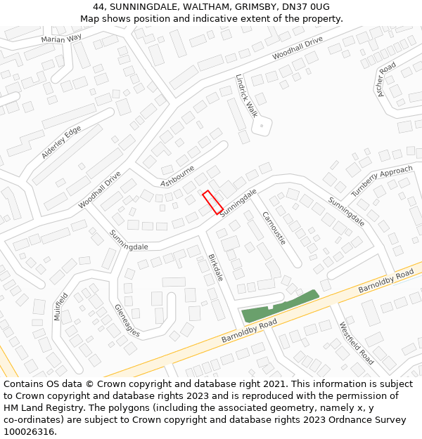 44, SUNNINGDALE, WALTHAM, GRIMSBY, DN37 0UG: Location map and indicative extent of plot