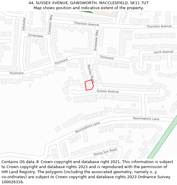 44, SUSSEX AVENUE, GAWSWORTH, MACCLESFIELD, SK11 7UT: Location map and indicative extent of plot