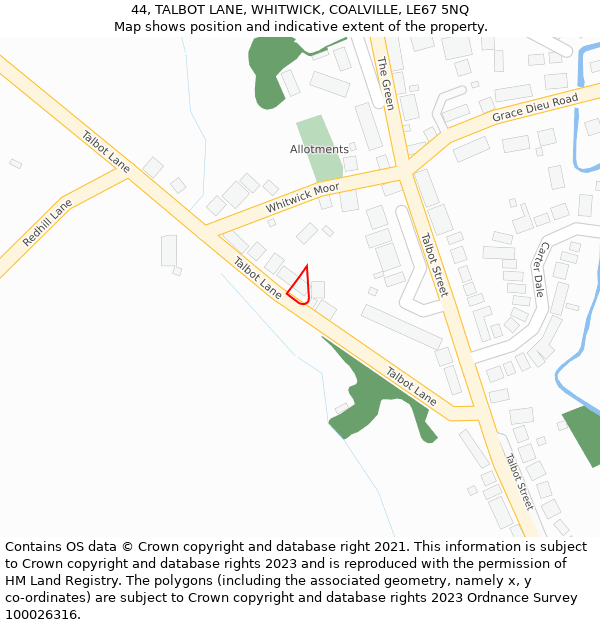 44, TALBOT LANE, WHITWICK, COALVILLE, LE67 5NQ: Location map and indicative extent of plot