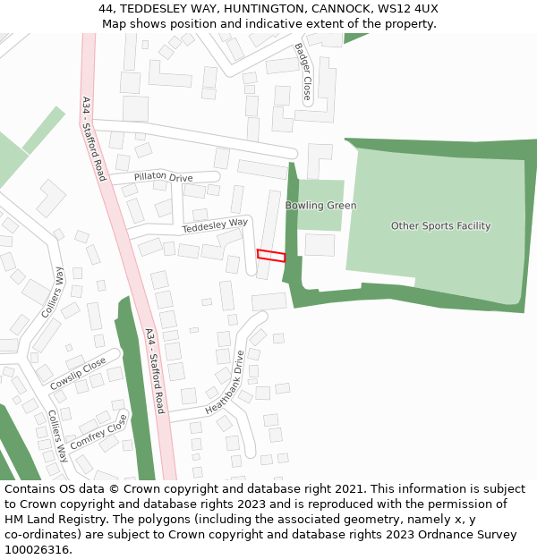 44, TEDDESLEY WAY, HUNTINGTON, CANNOCK, WS12 4UX: Location map and indicative extent of plot