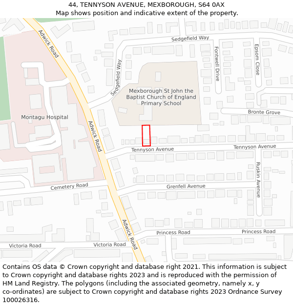 44, TENNYSON AVENUE, MEXBOROUGH, S64 0AX: Location map and indicative extent of plot