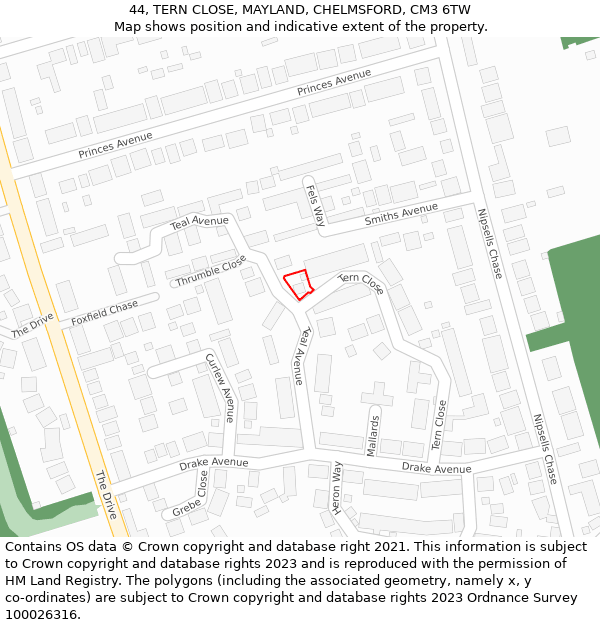 44, TERN CLOSE, MAYLAND, CHELMSFORD, CM3 6TW: Location map and indicative extent of plot