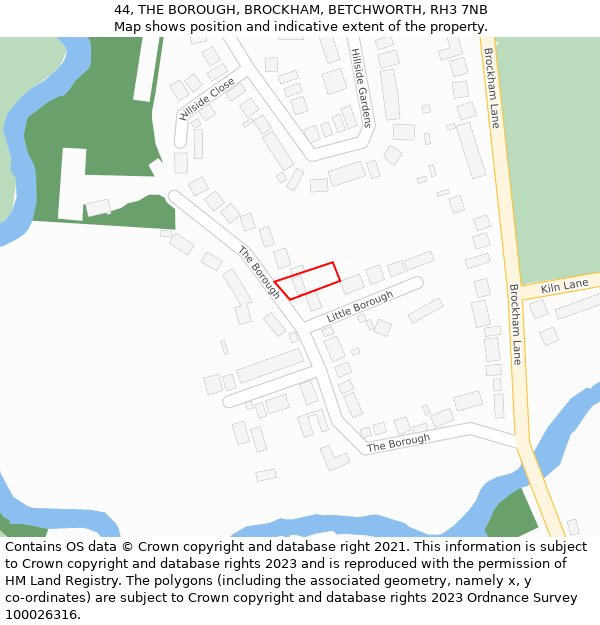 44, THE BOROUGH, BROCKHAM, BETCHWORTH, RH3 7NB: Location map and indicative extent of plot