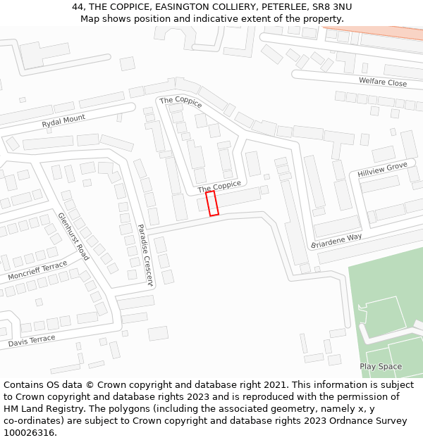 44, THE COPPICE, EASINGTON COLLIERY, PETERLEE, SR8 3NU: Location map and indicative extent of plot