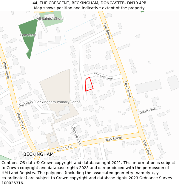 44, THE CRESCENT, BECKINGHAM, DONCASTER, DN10 4PR: Location map and indicative extent of plot