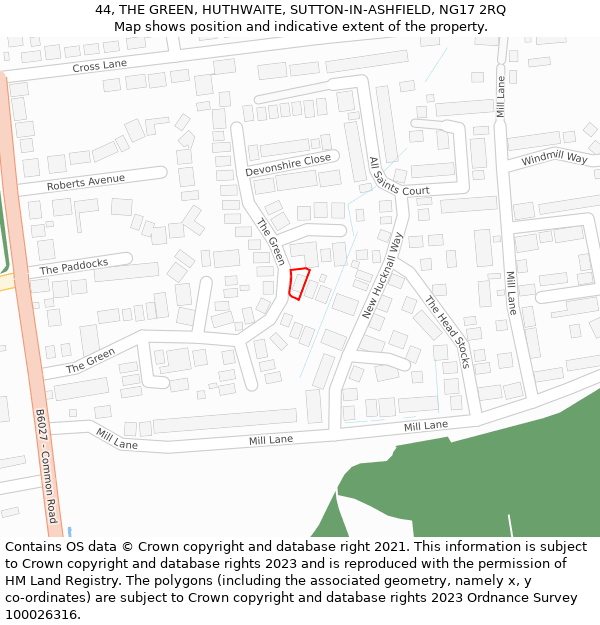 44, THE GREEN, HUTHWAITE, SUTTON-IN-ASHFIELD, NG17 2RQ: Location map and indicative extent of plot